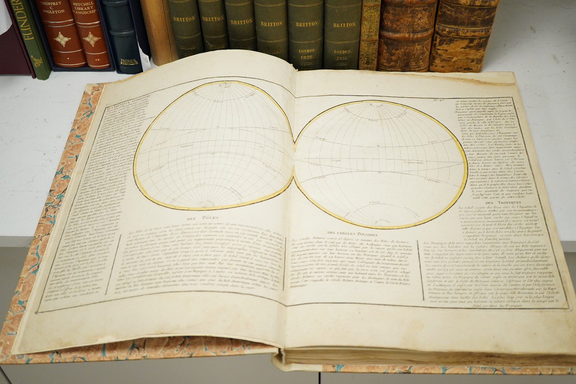 [Clouet, Jean-Baptiste Louis - Des Systemes du Monde] i.e. lacks title. 61 engraved plates of maps & spheres (ex 64), outline colour, extensive engraved text inside and some lower margins, 1p. table; rebound vellum backe